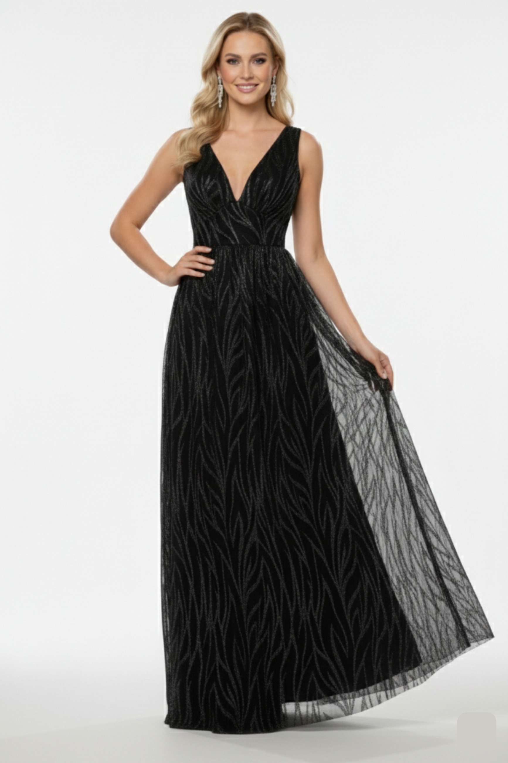 VESTIDO LONGO TULE ESTAMPADO LUREX PRETO